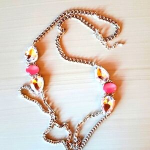 Unique Silver & Peach Rhinestone Chain Silver Tone Necklace